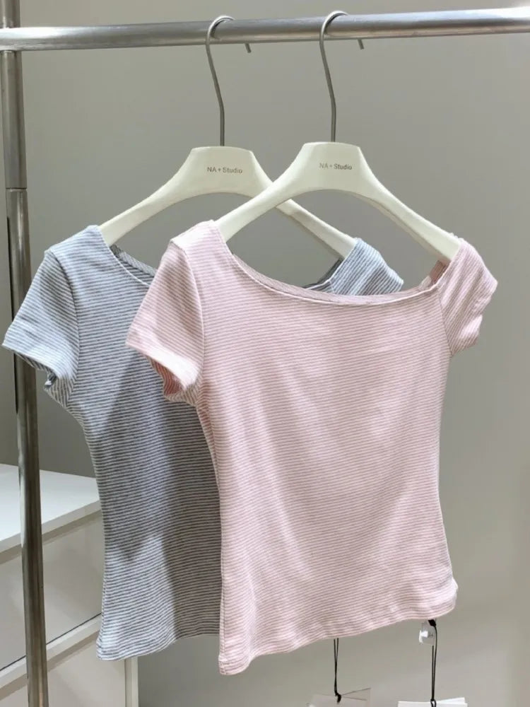 Pink Striped Crop Tops Women Summer Sexy Slash Neck Slim Cotton Short Sleeve Tees Female Chic Sweet Preppy Style T-shirts New