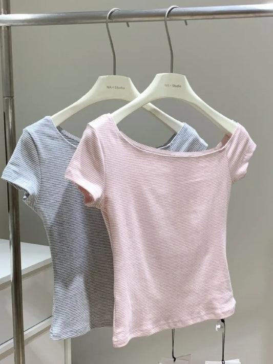 Pink Striped Crop Tops Women Summer Sexy Slash Neck Slim Cotton Short Sleeve Tees Female Chic Sweet Preppy Style T-shirts New