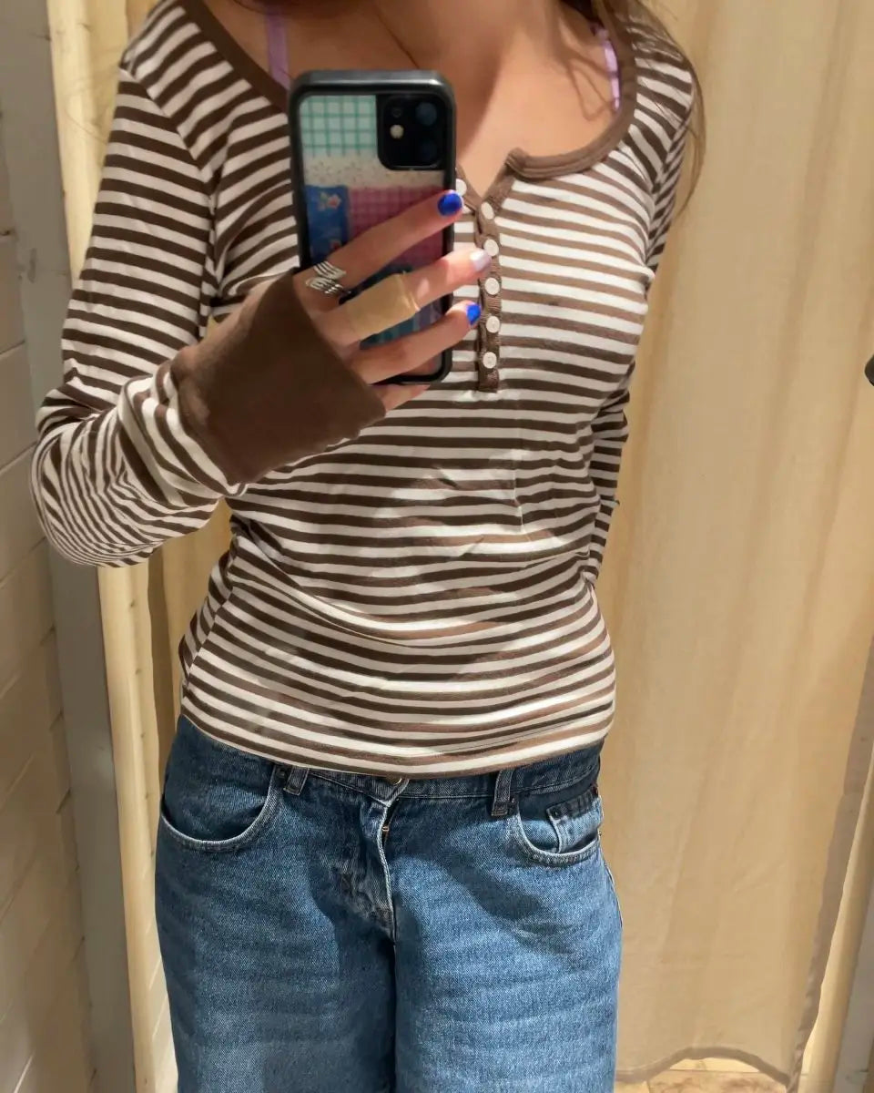 Brown Striped Buttons T-shirts Women Casual Chic Cotton Patchwork Long Sleeve Tees Vintage Preppy Style Slim Tshirt Y2K Tops New