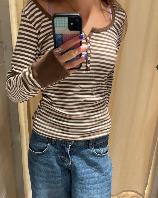 Brown Striped Buttons T-shirts Women Casual Chic Cotton Patchwork Long Sleeve Tees Vintage Preppy Style Slim Tshirt Y2K Tops New