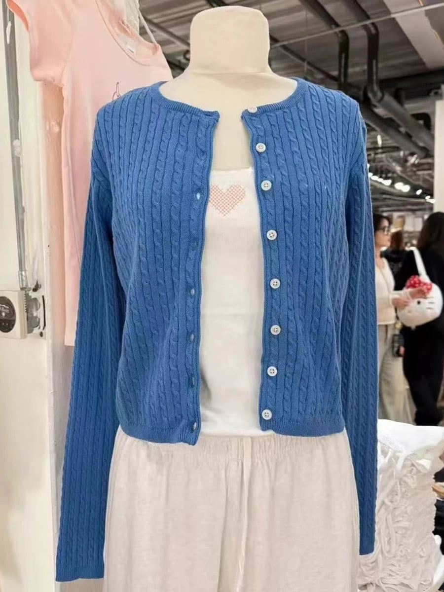 Christmas Red Pockets Slim Knitted Cardigan Woman O-Neck Long Sleeve Cotton Sweaters Sweet Preppy Style Knitwear Coat Tops