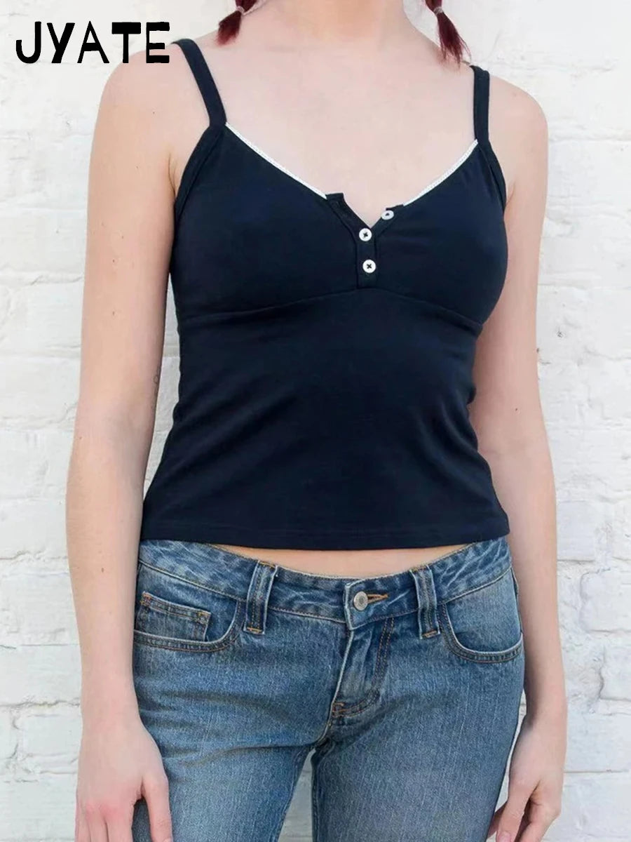 Sweet Cute Pink Buttons Tank Tops Women New Cotton Casual Slim Lace Trim Sleeveless Vests Female Vintage Simple Chic Camis Y2K