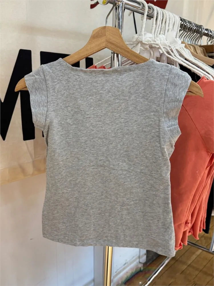 Gray Deep V-neck Cotton T-shirts Women Summer Casual Simple All-match Slim Sleeveless Tshirt Sweet Ballecore Cute Crop Tops Y2K