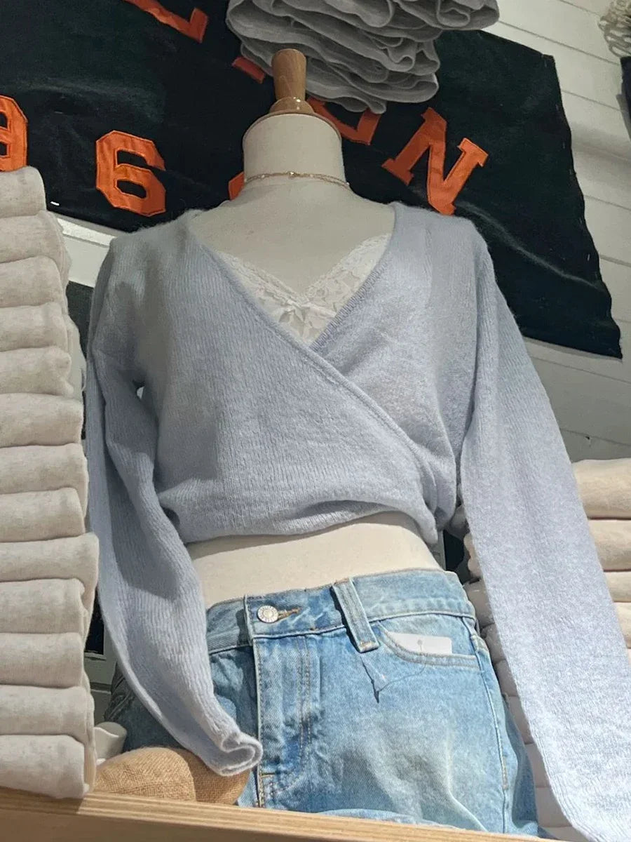Pink Sweet Lace-up Knitted Mohair Sweater Cardigan Women Autumn V-neck Long Sleeve Cute Sweaters Preppy Style Knitwear Crop Tops