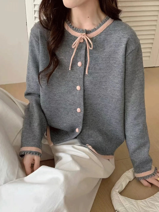 Retro Pattern Loose Knitted Cardigan Women Spring New Casual Versatile Korean Style Long Sleeve Top Sweet Chic Simple Sweater
