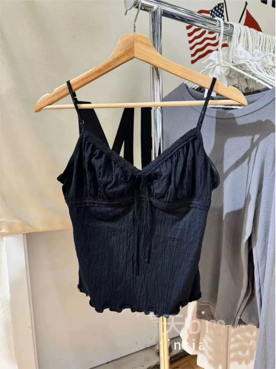 Floral Lace V-Neck Folds Slim Tank Top Women Summer Casual Sleeveless Thin Sleeveless Vest Sweet Vintage  Sexy Crop Tops Y2K New