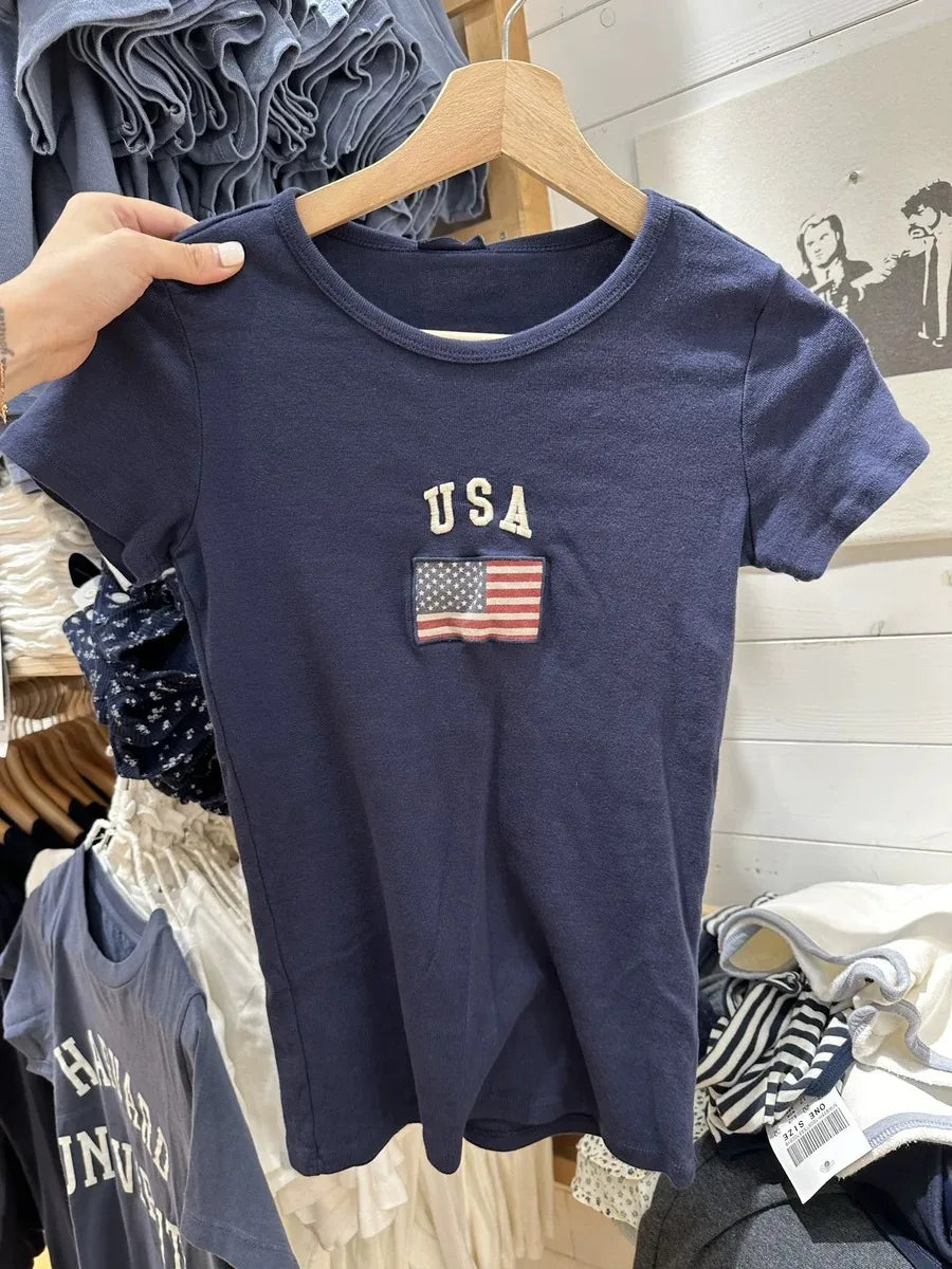 Vintage Red Letter Flag Embroidery Cotton T-shirt Women O-neck Summer Short Sleeve Tee Shirt American Slim Casual Crop Y2K Top