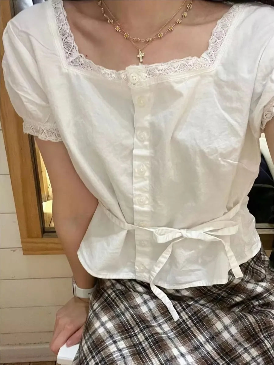 Lace Trim White Buttons Short Sleeve Tees Women Casual Back Lace-up Streetwear Shirt Tops Sweet Chic Preppy Style T-shirts New