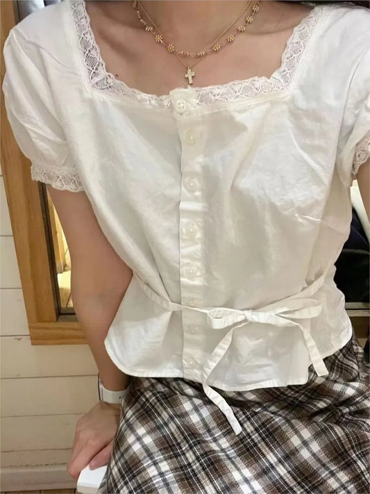 Lace Trim White Buttons Short Sleeve Tees Women Casual Back Lace-up Streetwear Shirt Tops Sweet Chic Preppy Style T-shirts New