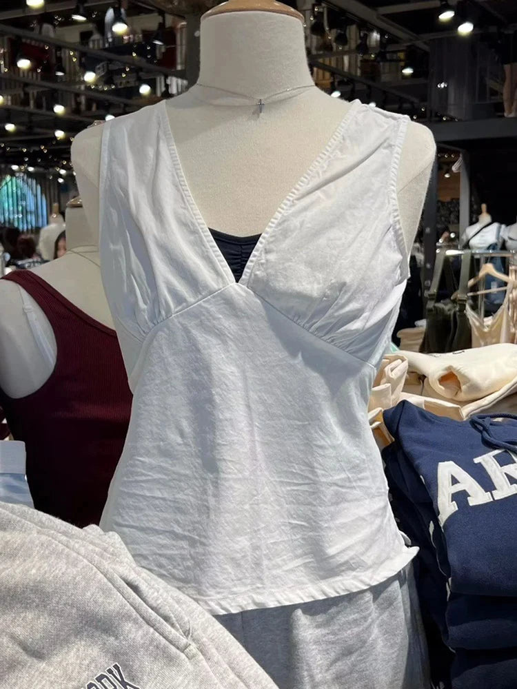 Yellow Sexy V-neck Tank Top Women Summer Cotton Back Lace-up Sleeveless  Camisole Sweet Cute Preppy Style Casual Simple Y2k Tops