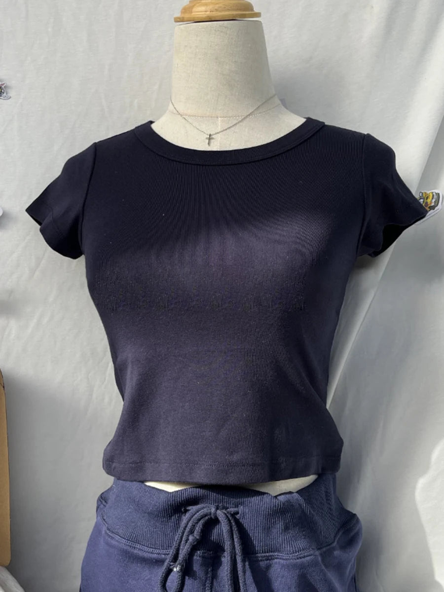 Solid Simple Basic Slim Crop Tops Women Summer Casual Cotton Soft O-neck Casual Short Sleeve Tees Harajuku Vintage T-shirts Y2K