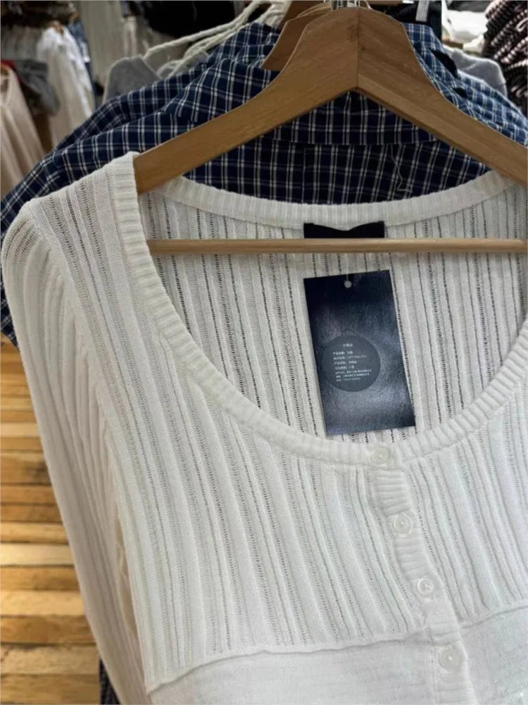 Sweet Knit Slim Long Sleeve T-shirt Women Spring New O-neck Single Breasted Cotton Hollow Out Tees Simple Casual T Shirt Y2K Top