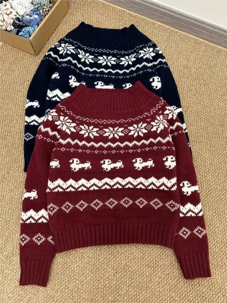 Geometric Jacquard Sweater Women Sexy Slash Neck Cotton Long Sleeve Slim Pullover Top Retro Sweet Cute Knit Sweater Y2k Jumpers