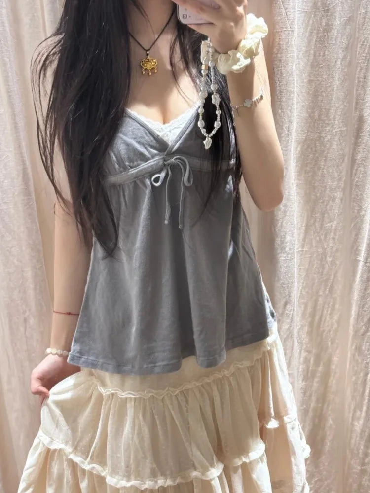 Sweet Lace-up Camisole Women Summer Streetwear Simple Basic Deep V-neck Sleeveless Vests Vintage Cute Cotton Tank Tops Y2K