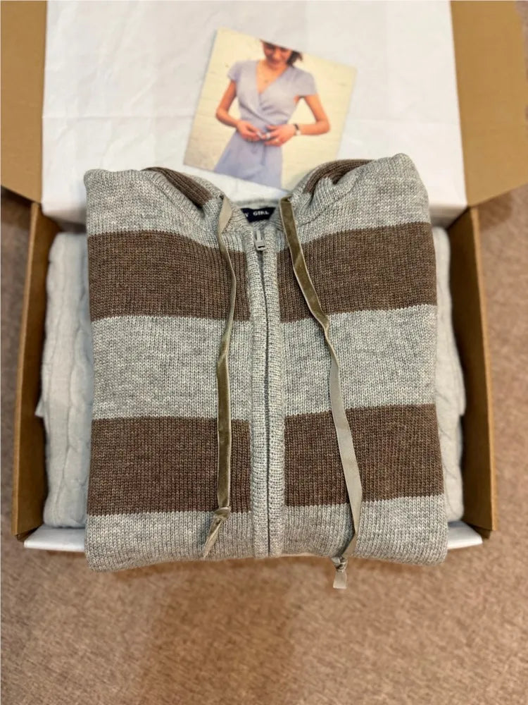 Vintage Gray Striped Cotton Sweater Cardigan Women Autumn Long Sleeve Zipper Knitted Hoodie Preppy Style Chic Sweaters Hooded