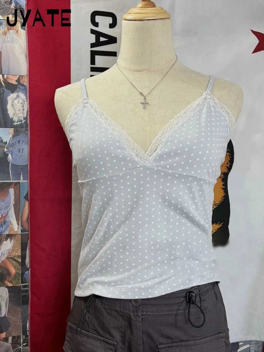 Heart Print Blue Lace Trim Camisole Women New Sexy Casual Slim Vintage V-neck Sleeveless Vests Sweet Cute Preppy Tank Tops Y2K