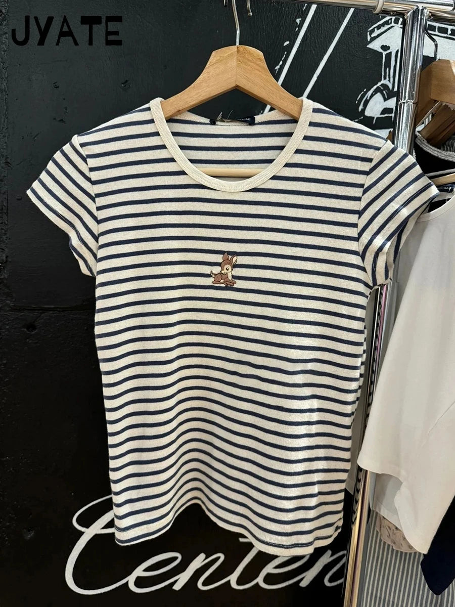 Sweet Pink Striped Slim T-shirt Women Spring Round Neck Cotton Short Sleeve Tee Shirts Female Cute Preppy Style Y2K T shirts New