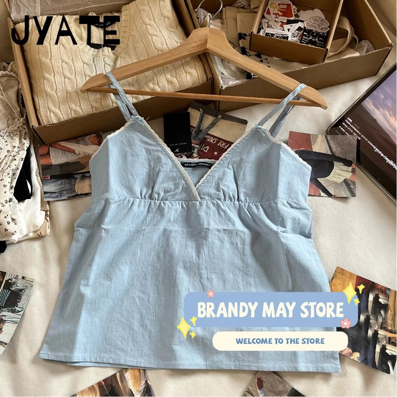 Sweet Blue Lace Trim V-neck Bow Sleeveless Vests Women New Cute Cotton Casual Back Strap Tank Tops Simple Vintage Chic Y2K Camis
