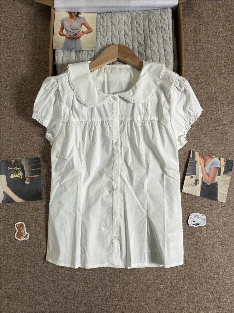 Black Polka Dot Peter Pan Collar Blouse Women Casual Streetwear Buttons Short Sleeve Tees Sweet Preppy Style T-shirts Y2K Tops