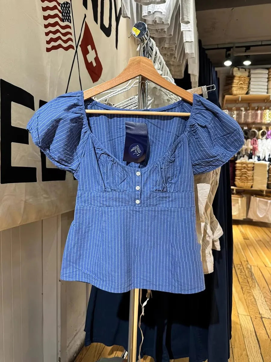 Blue Striped Blouse T-shirts Women Casual Cotton Lace Trim V-neck Sexy Button Crop Tops Sweet Cute Preppy Style Tees Clothes New