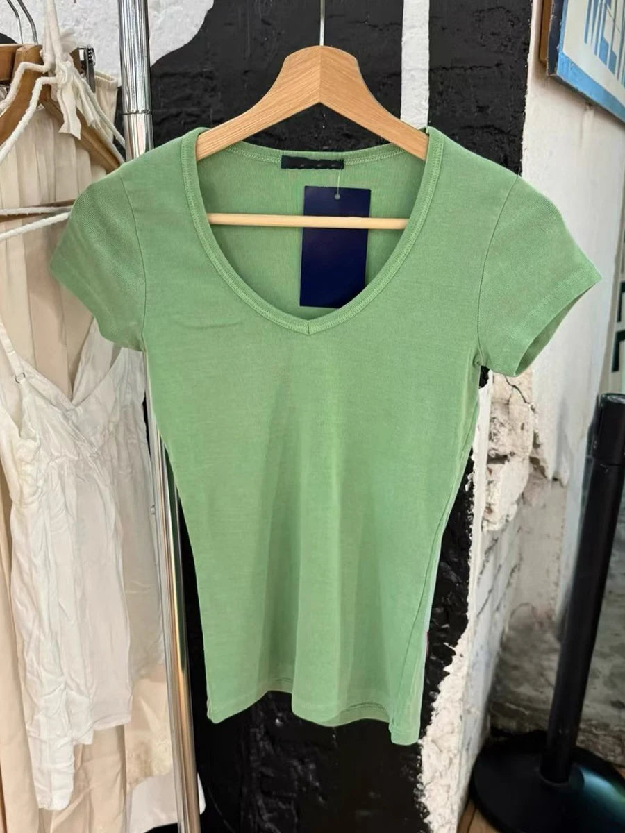Royal Blue V-neck T-shirts Women Summer Cotton Slim Casual Streetwear Short Sleeve Tees Sweet Vintage Chic Tshirt Y2K