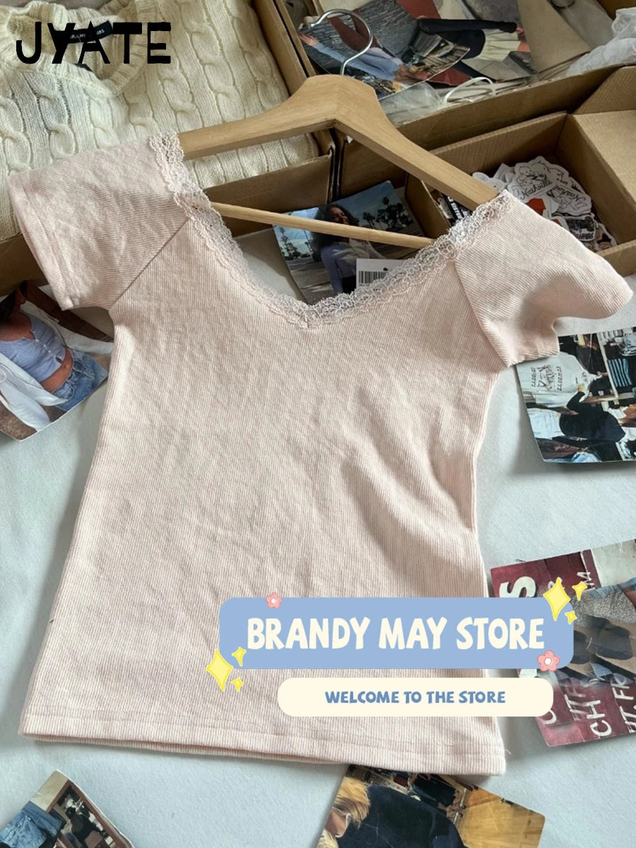 Lace Trim Pink V-neck T-shirts Women Cotton Ribbed Slim Casual Preppy Style Short Sleeve Tees Femme Vintage Sweet Cute Tops Y2K
