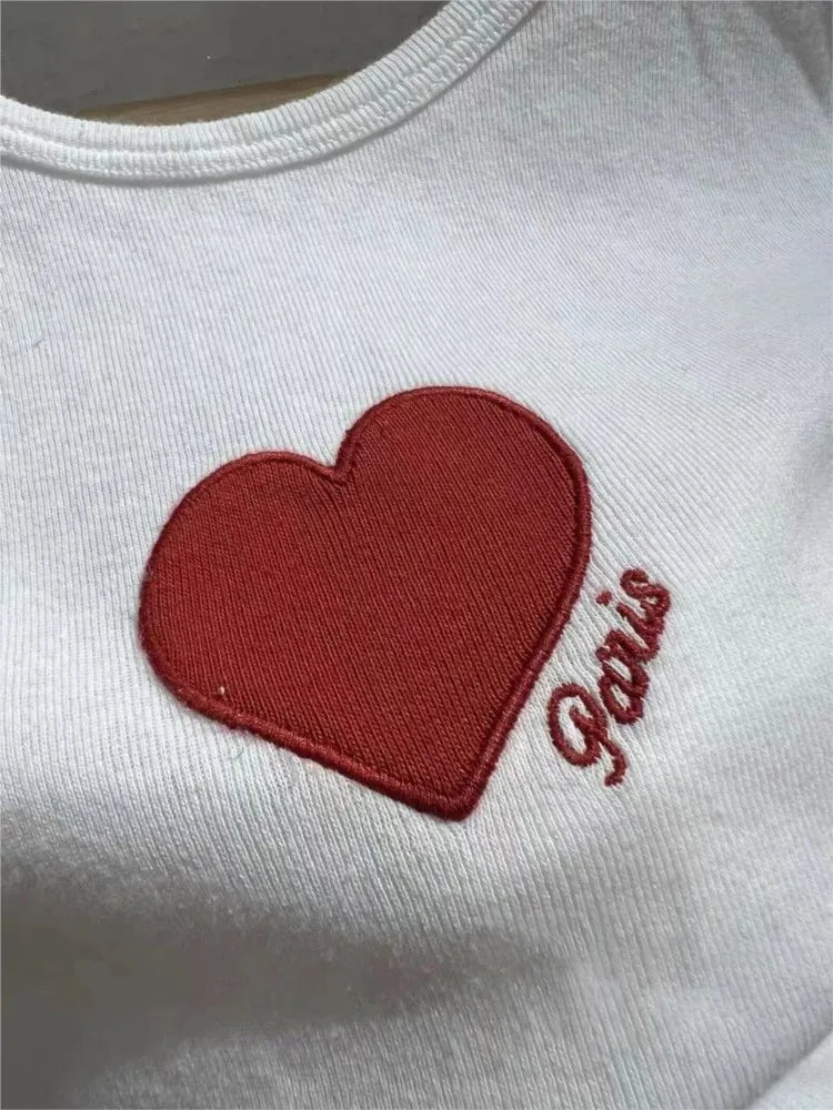 Red Heart Embroidery T-shirts Women Summer Cotton O-neck Casual Preppy Style Short Sleeve Tees Vintage Cute Sweet  Tops Y2K