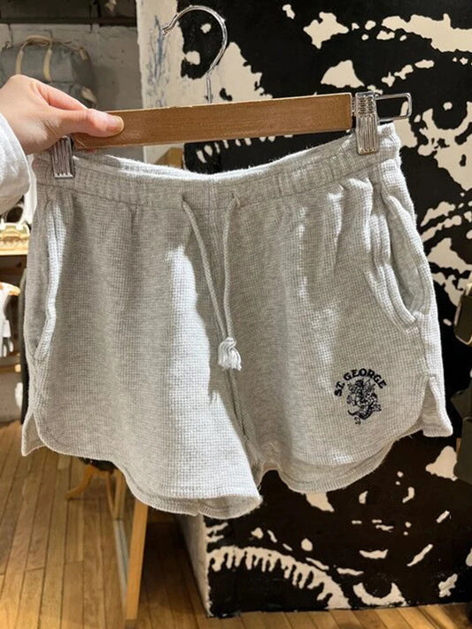 Retro Dragon Embroidery Gray Shorts Women Summer Waffle Lace-up Elastic High Waist Casual Sweatshorts Vintage Chic Y2K Bottoms