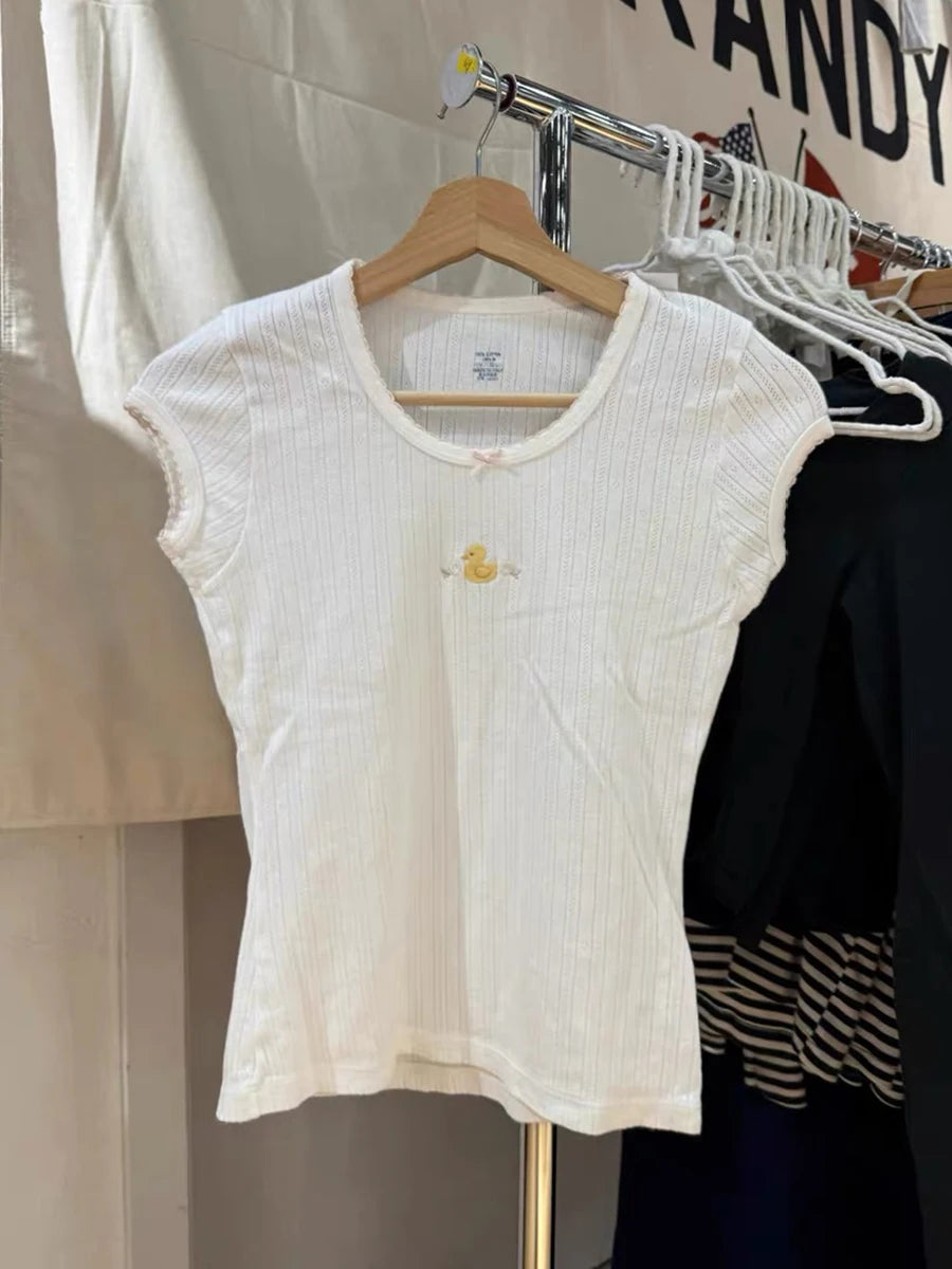 Duck Bow Eleyet Crop Tops Women Summer Cotton O-neck Casual Short Sleeve Tees Vintage Basic Streetwear T-shirts Y2K