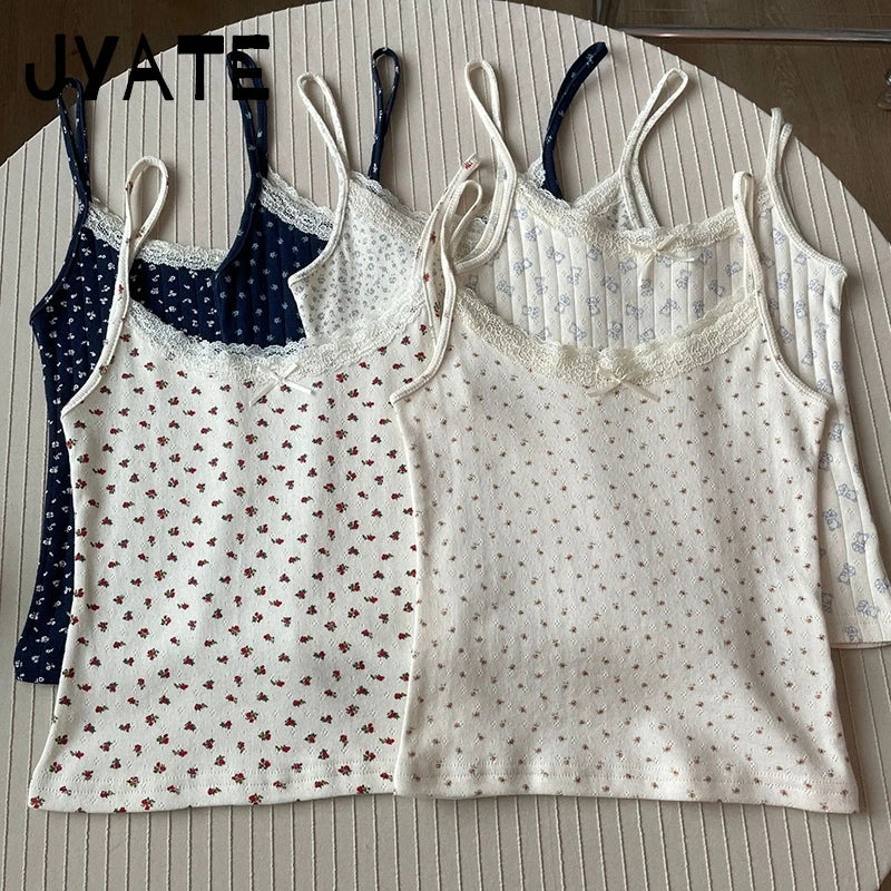 Lace Trim Floral Eyelet Tank Tops Women New Summer Cotton Bow Slim Preppy Style Cropped Vests Sweet Vintage Chic Camisole Y2K