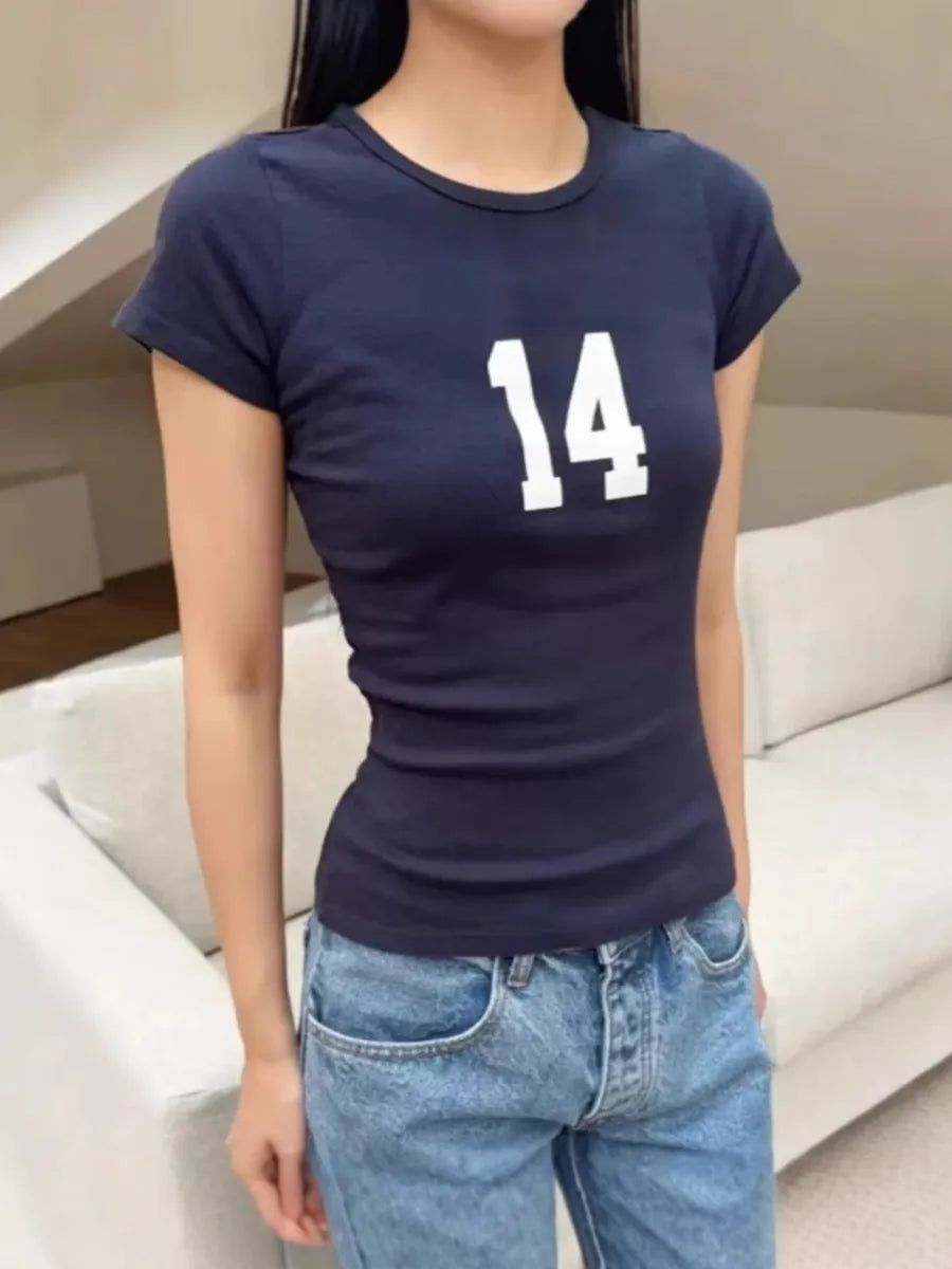 NO.14 Print Slim Navy T-shirts Women New Cotton Casual O-neck Short Sleeve Tees Girl American Vintage Streetwear Tshirt Y2K Tops