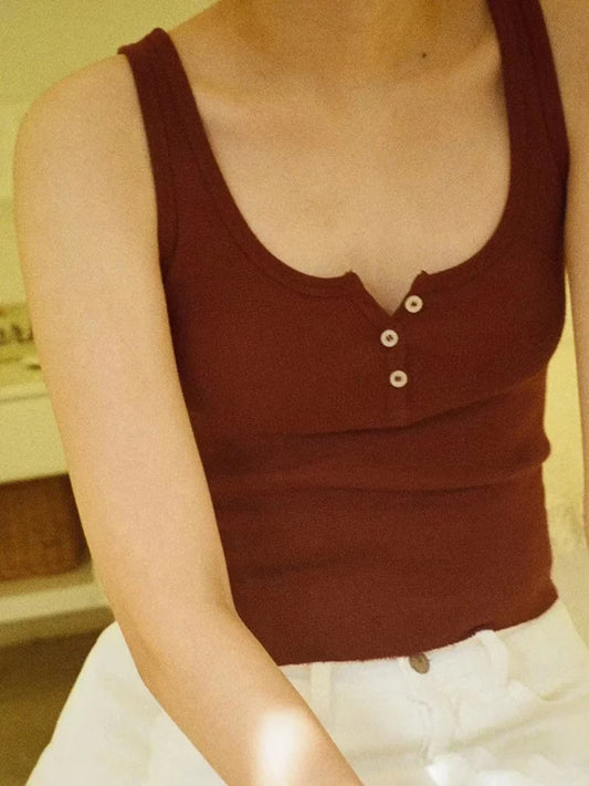Fashion Solid Buttons Waffle Tank Tops Women Summer New Casual Cotton Raw Hem Slim Vests Female Y2K Streetwear Vintage Camisole