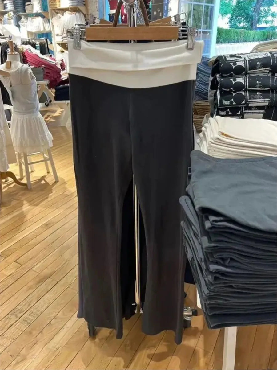 New Basic Black T-shirt Pants Sets Women O-neck Slim Tees+ Patchwork Yoga Sweatpants Solid Vintage Cotton Sport 2 Pieces Sets