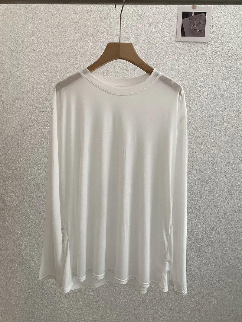 Sweet Thin Sun Protection T-shirts Women Summer Casual Streetwear Lyocell O-neck Long Sleeve Tees Chic Preppy Style Tops Y2K New
