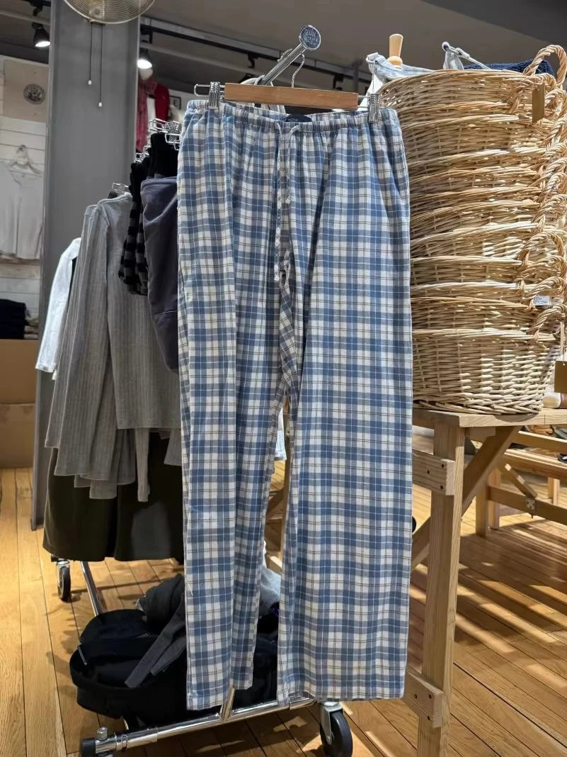 Plaid Drawstring Straight Pants Women Streetwear Casual Loose Elastic High Waist Pant Vintage Preppy Style Baggy Sweatpants Y2K