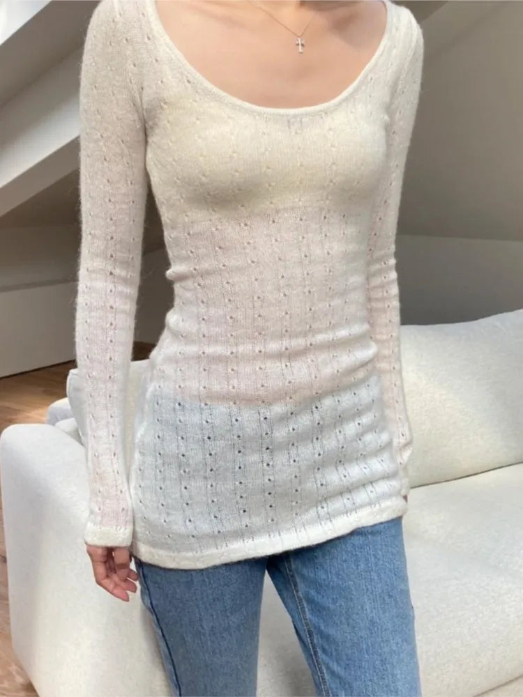 Sweet White Hollow Out Long Sleeve Tees Women New Casual Cotton Preppy Style Tops Clothes Vintage Streetwear Chic T-shirts Y2K