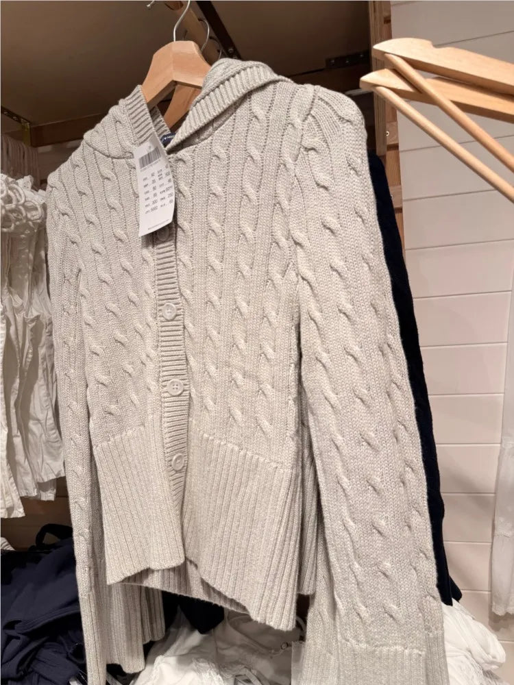 Gray Twist Flower Sweater Cardigan Women Autumn Buttons Slim Hooded Long Sleeve Knitted Hoodie Sweet Cute Preppy Style Sweaters