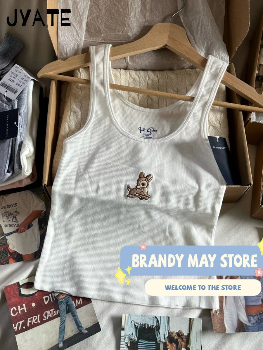 New Cute Little Deer Print Camisole Women Summer Cotton O-neck Simple Casual Slim Cropp Vests Sweet Vintage Chic Tank Tops Y2K