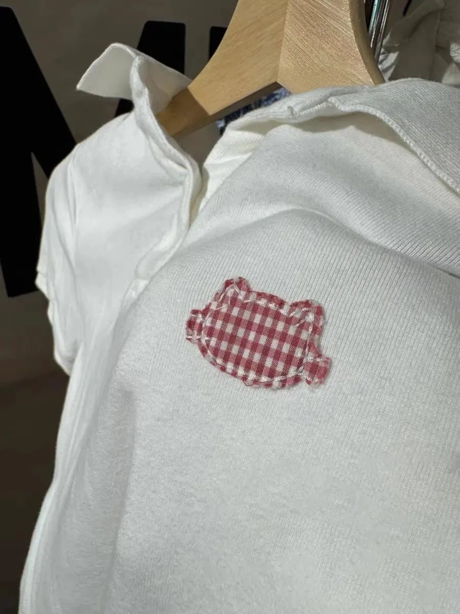 Cute Cat Plaid Polo T-shirt Women Summer New Strweetwear Cotton Turn Down Collar Short Sleeve Tees Sweet Preppy Style T Shirt
