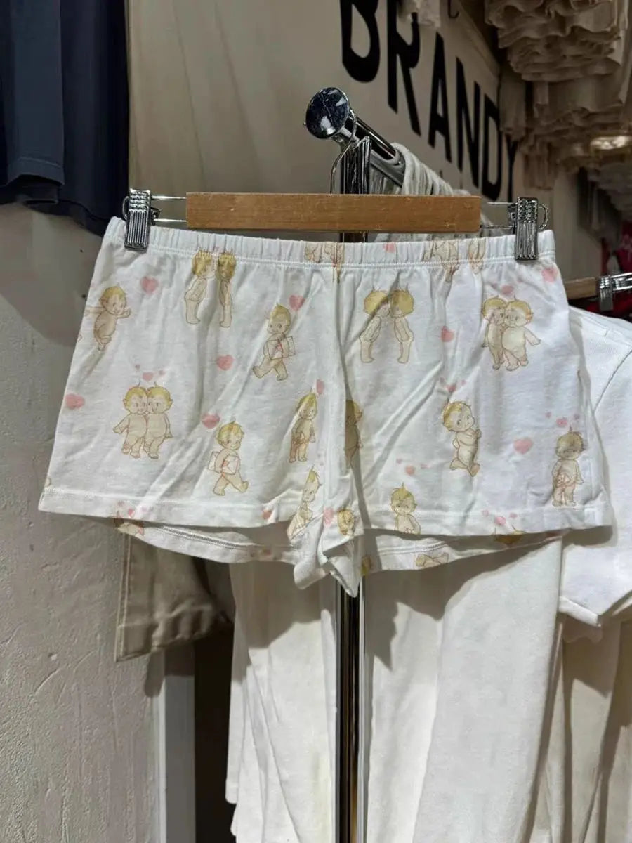 Cute Bear Bow Print Pajama Shorts Women Elastic High Waist Straight Short Pants Summer Sweet Home Underwear New Y2K Sweatshorts