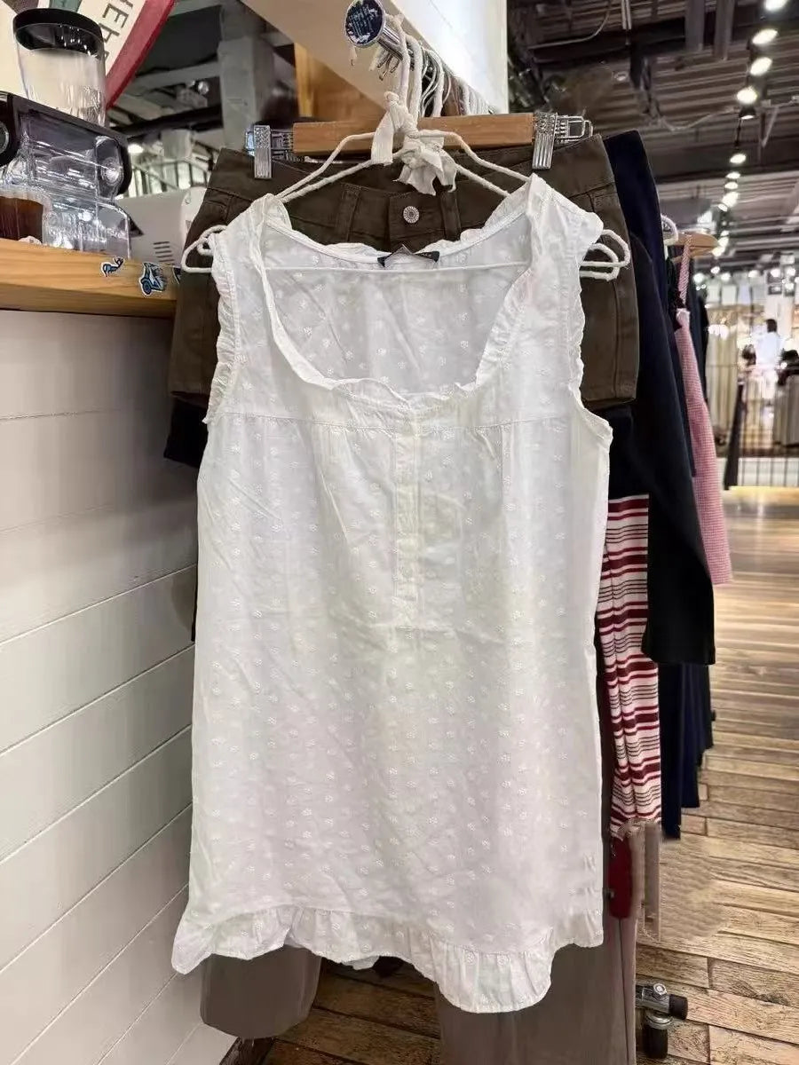 White Ruffle Round Neck Mini Dress Women Summer Streetwear Button Sleeveless A-line Short Vestidos Sweet Elegant Vintage Dresses