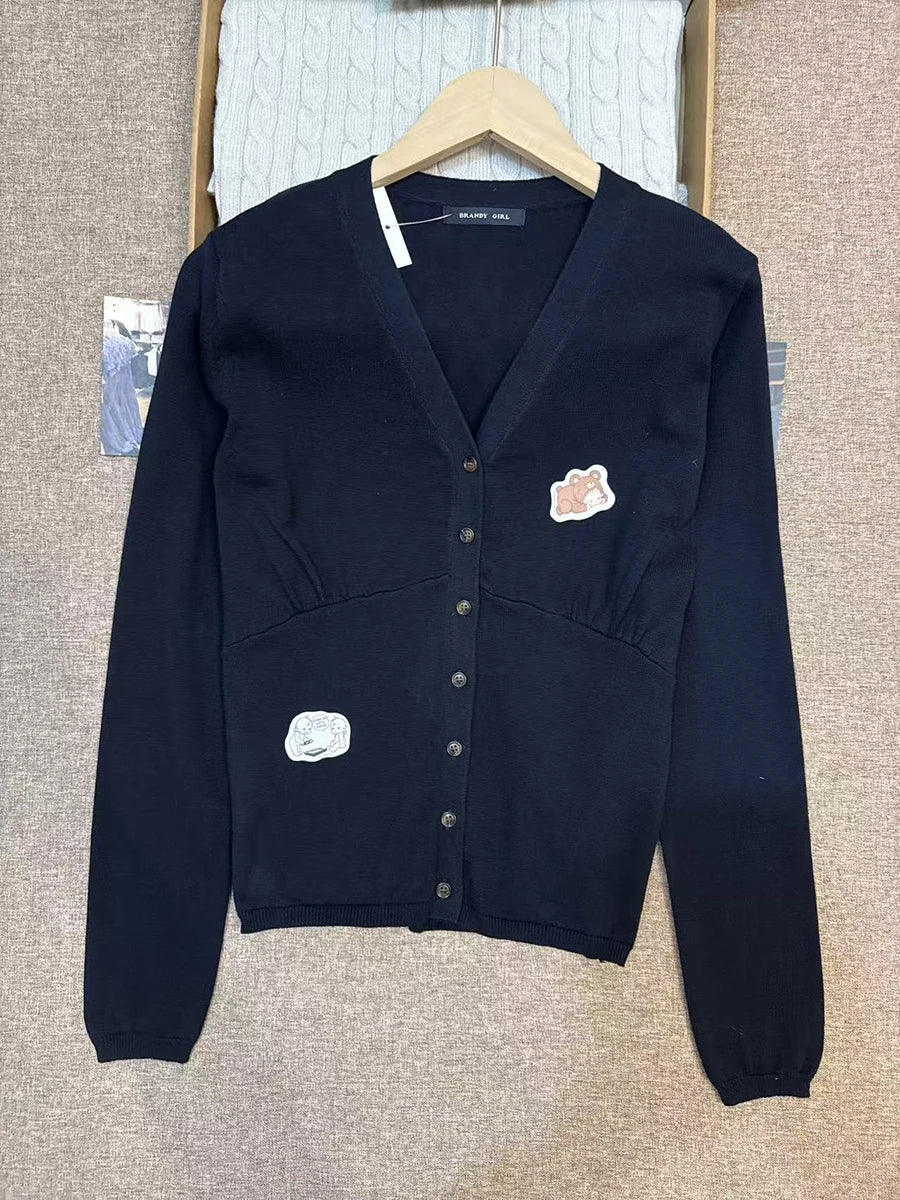 Navy V-neck Knitted Cardigan Women Autumn New Casual Streetwear Buttons Long Sleeve Coat Sweet Preppy Style Cotton Sweaters Tops