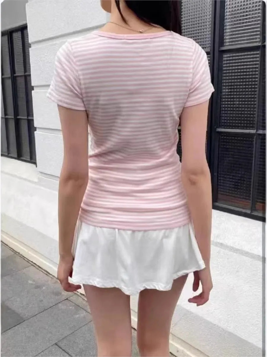 Sweet Little Pink Striped T-shirts Women New Cotton O-neck Casual Slim Buttons Short Sleeve Tees Cute Basic Girls Tshirt Y2K Top