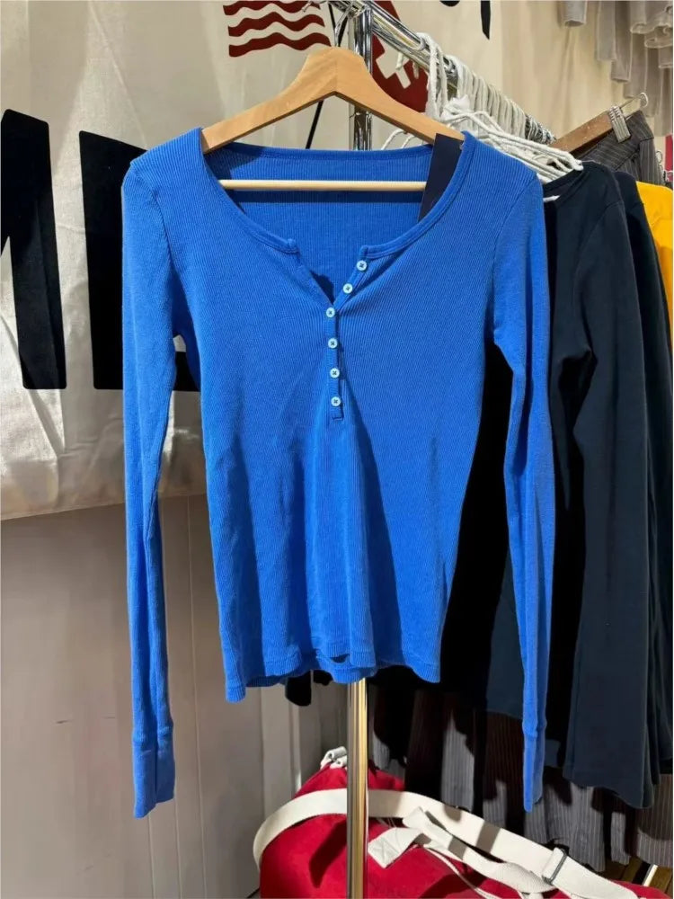 Electric Blue Patchwork Long Sleeve Tee Women Autumn Simple Basic Buttons O-neck Cotton Ribbed Tshirt Sweet Cute Casual T-shirts