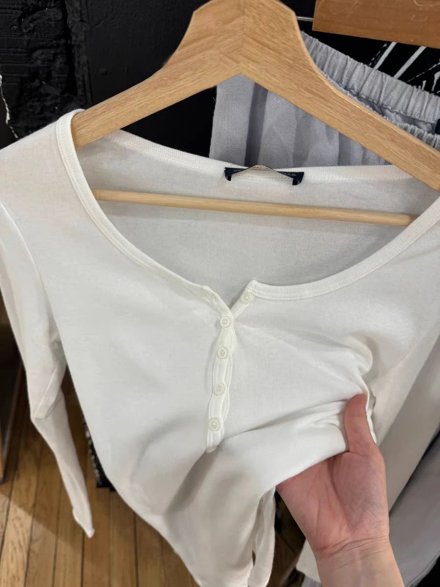 Vintage Buttons White Basic Long Sleeve T-shirts Women Autumn Round Neck Cotton Slim Tee Top Female Sweet Streetwear T Shirt Y2K