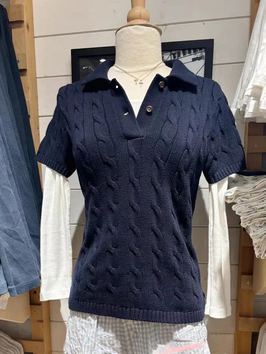 Navy Twist Flower Knit T-shirts Women Casual Turn Down Collar Short Sleeve Tees Sweet American Vintage Tops Y2K T shirts New