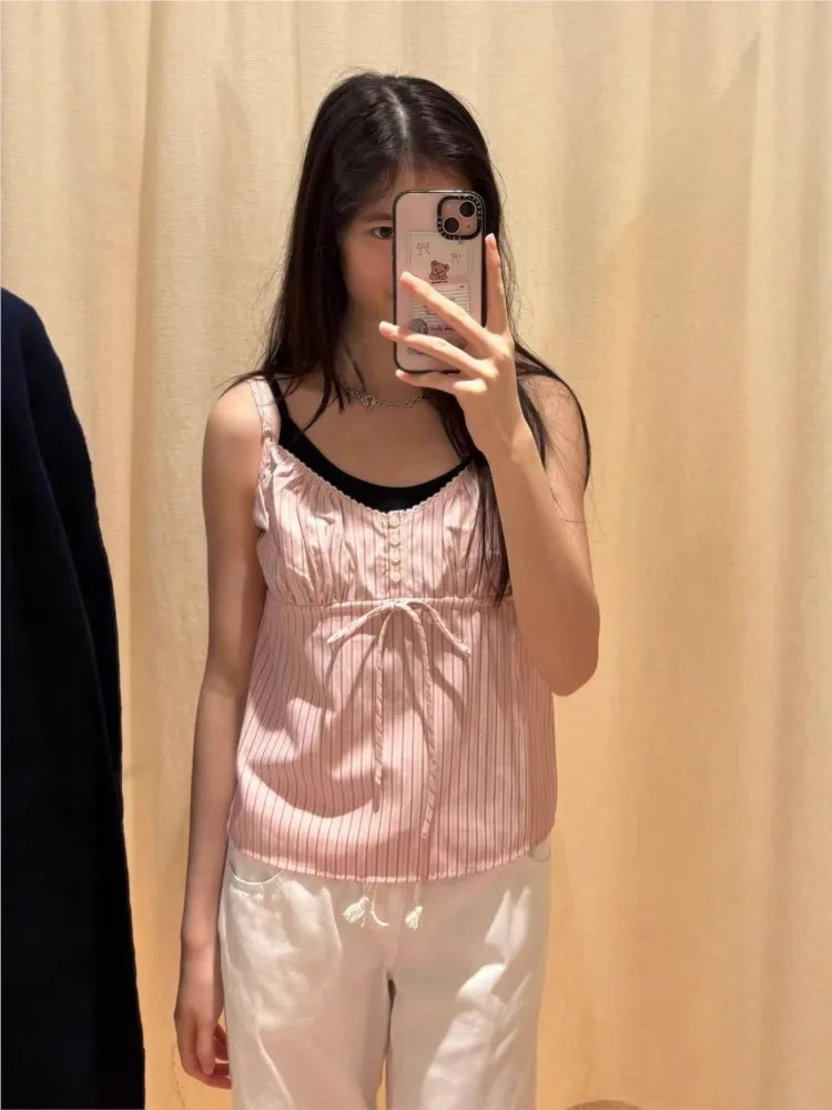 Pink Striped Lace-up Ruffles Tank Tops Women Summer New Cotton Sexy Slim Buttons Strapless Vests Cute Sweet Preppy Camisole Y2K