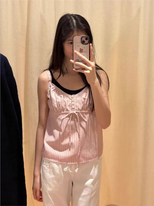 Pink Striped Lace-up Ruffles Tank Tops Women Summer New Cotton Sexy Slim Buttons Strapless Vests Cute Sweet Preppy Camisole Y2K