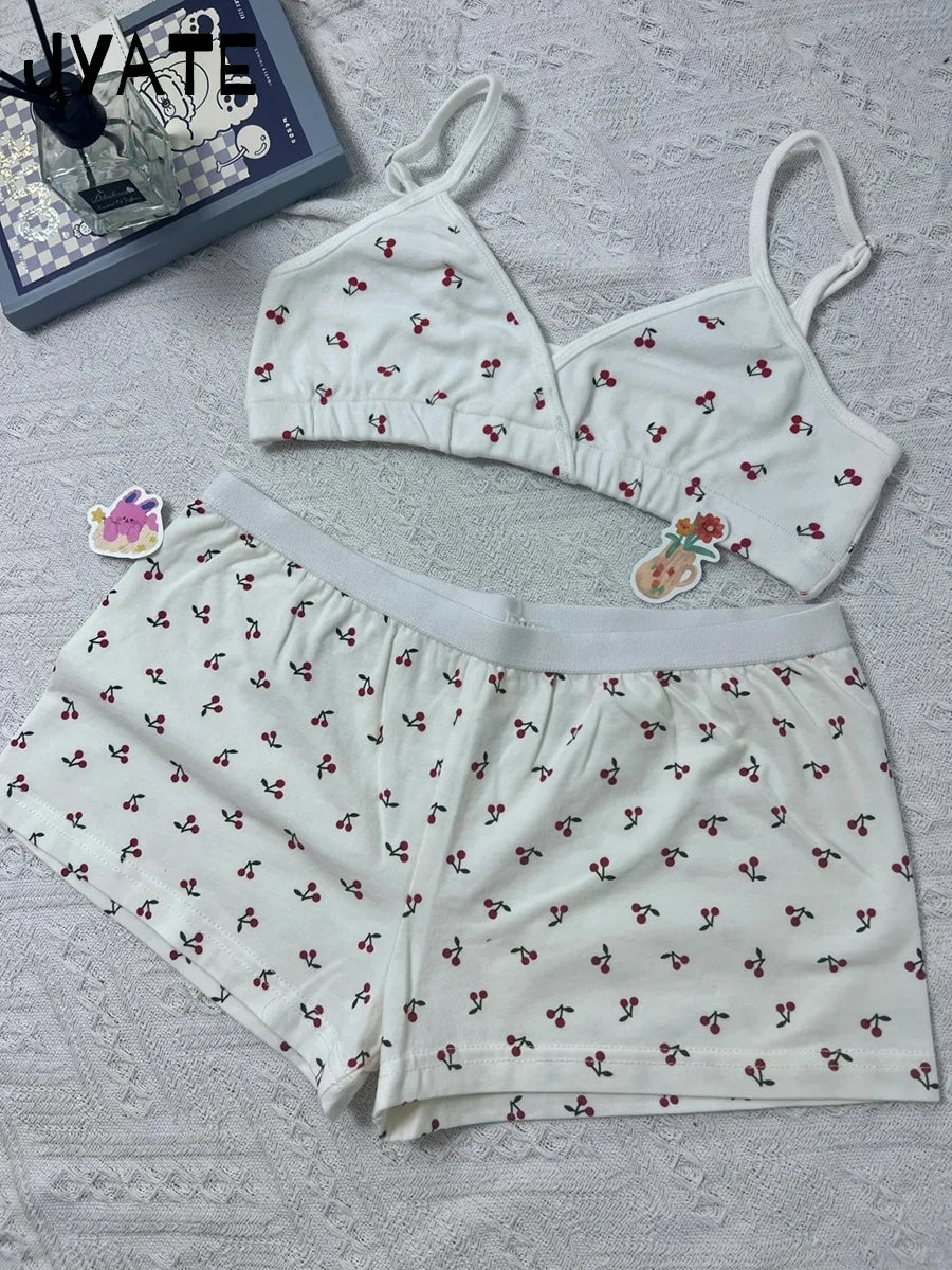 Cherry Print Patchwork Eyelet Camisole Women New Cotton Soft Casual Slim Sleeveless Cropped Vests Vintage Sweet Cute Tank Tops