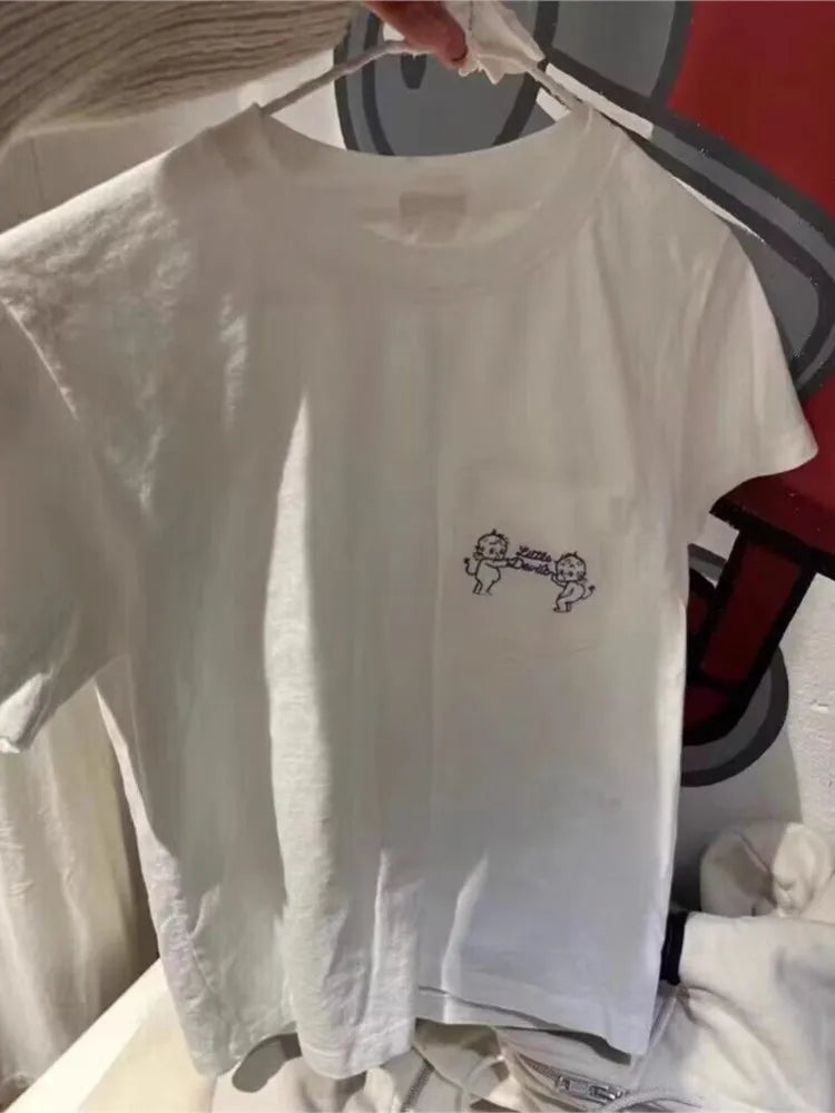 Angel Embroidery Pocket T-shirts Women Summer Casual Streetwear Cotton O-neck Short Sleeve Tees Sweet Cute Preppy Style Tshirts